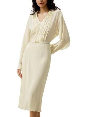 V-Neck Cream Long Sleeve Midi Dress with Belt